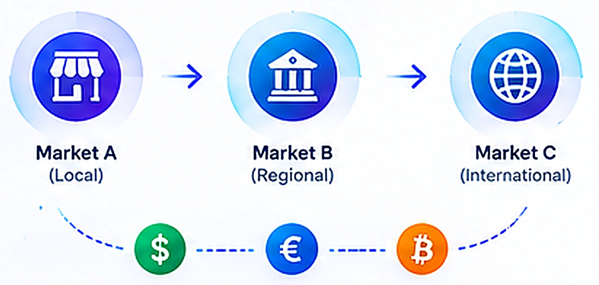 Market A B C currency tokens diagram